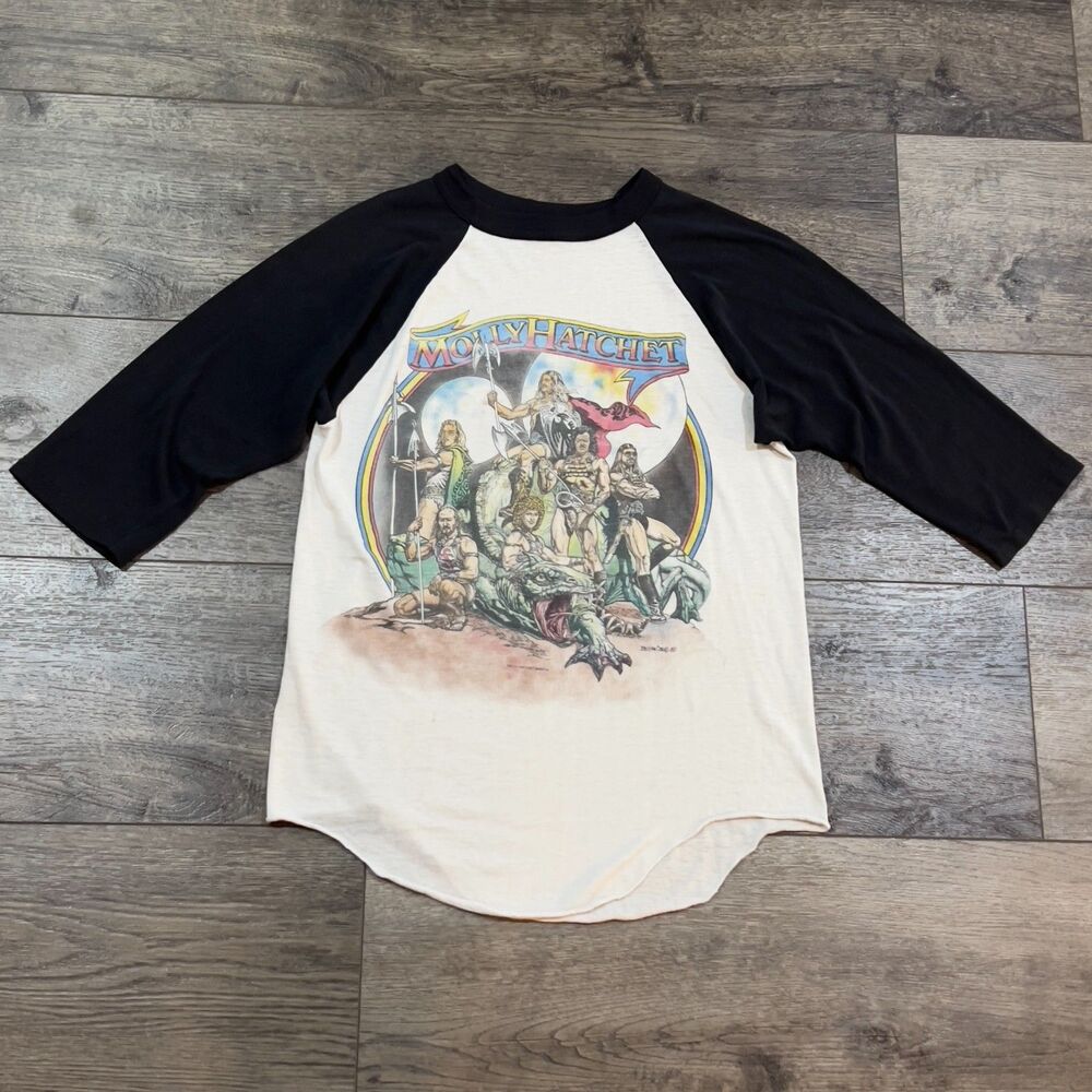 RARE! Vintage 80s Molly Hatchet Take No Prisoners World Tour Raglan 3/4 Sleeve M